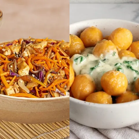 Ñoquis Calabaza + Wok Vegetales, Arroz y Pollo
