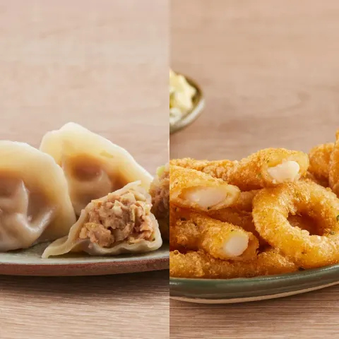 Rabas + Dumplings de Cerdo y Repollo